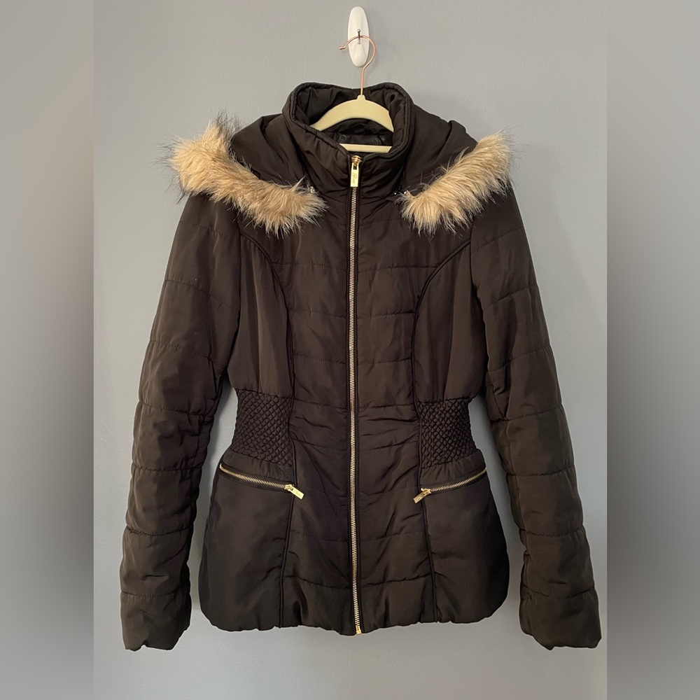 Guess Black Puffer Jacket with Faux Fur Hood